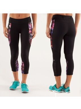 Lululemon Run Reflect Crop Black Legging Floral Spring Has Sprung Multi Sz 12